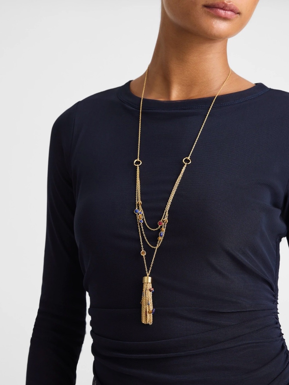 Madewell Gold Tassel Multi-Strand Necklace with Blue and Red Accents